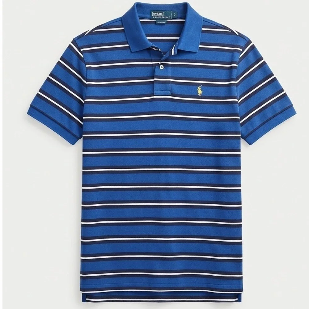 Polo Ralph Lauren M Blue‎ Striped Polo SS Yellow Pony Vtg Classic Fit Casual